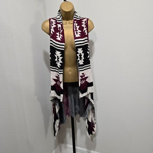 Southwestern Aztec Tribal Long Knit Duster Sweater Vest Womens OS Maroon Black - Picture 7 of 7